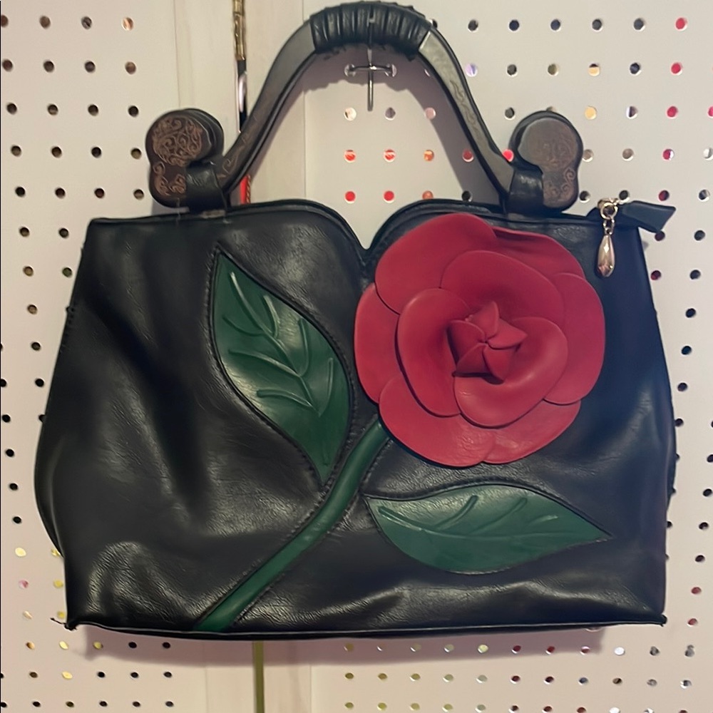 Black and Red Floral Handbag